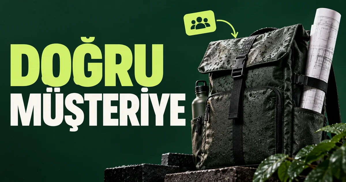 Doğru müşteriye başlığı yanında yağmur damlalı sırt çantası ve müşteri kartı.