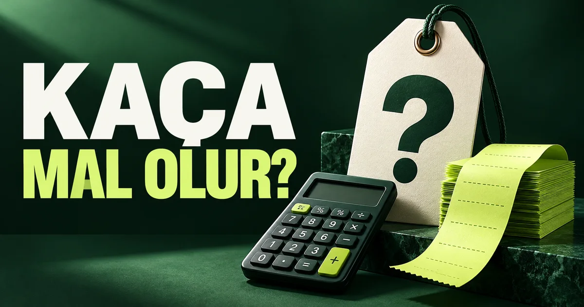 Kaça mal olur sorusu, büyük fiyat etiketi, hesap makinesi ve fişler.
